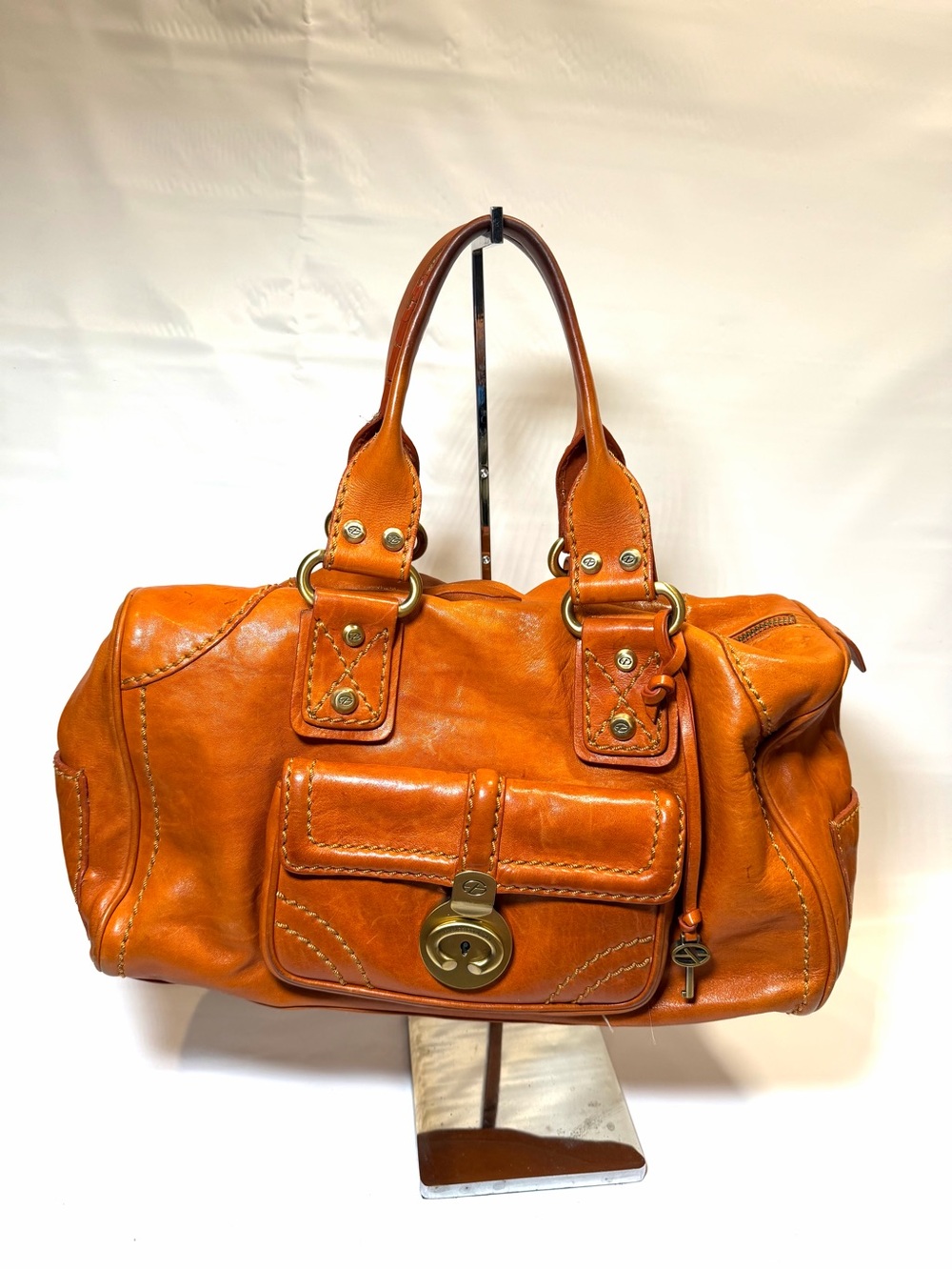 Francesco Biasia Orange Leather Satchel Shoulder Handbag Y2K 90s Vintage